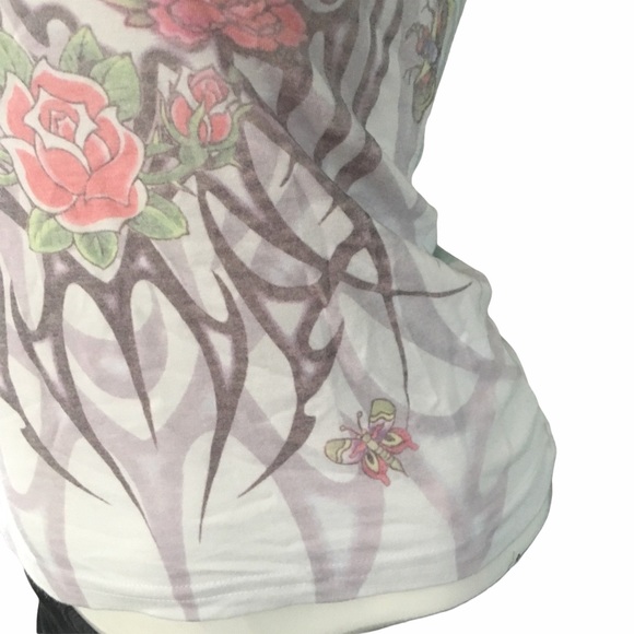 new Go Jeans Couture ❃ Edgy Tattoo Floral Print Crystal Tee T Shirt ❃ White ❃ - Picture 4 of 9